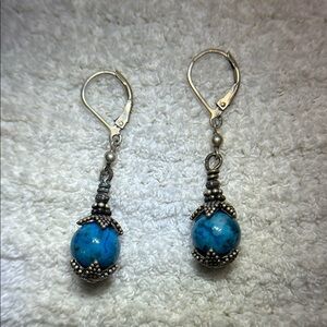 925 Sterling Silver and Blue Jasper Marble Dangle Earrings